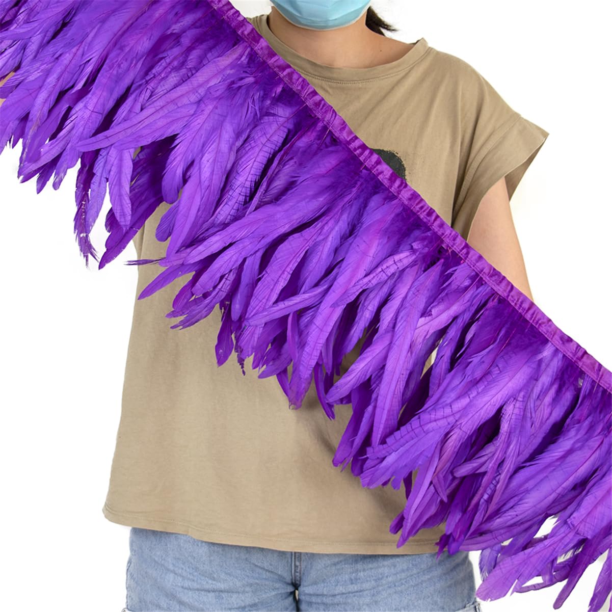 2 Metros Cinta Tira Plumas de Gallo Largas 25-30cm Colores Costura