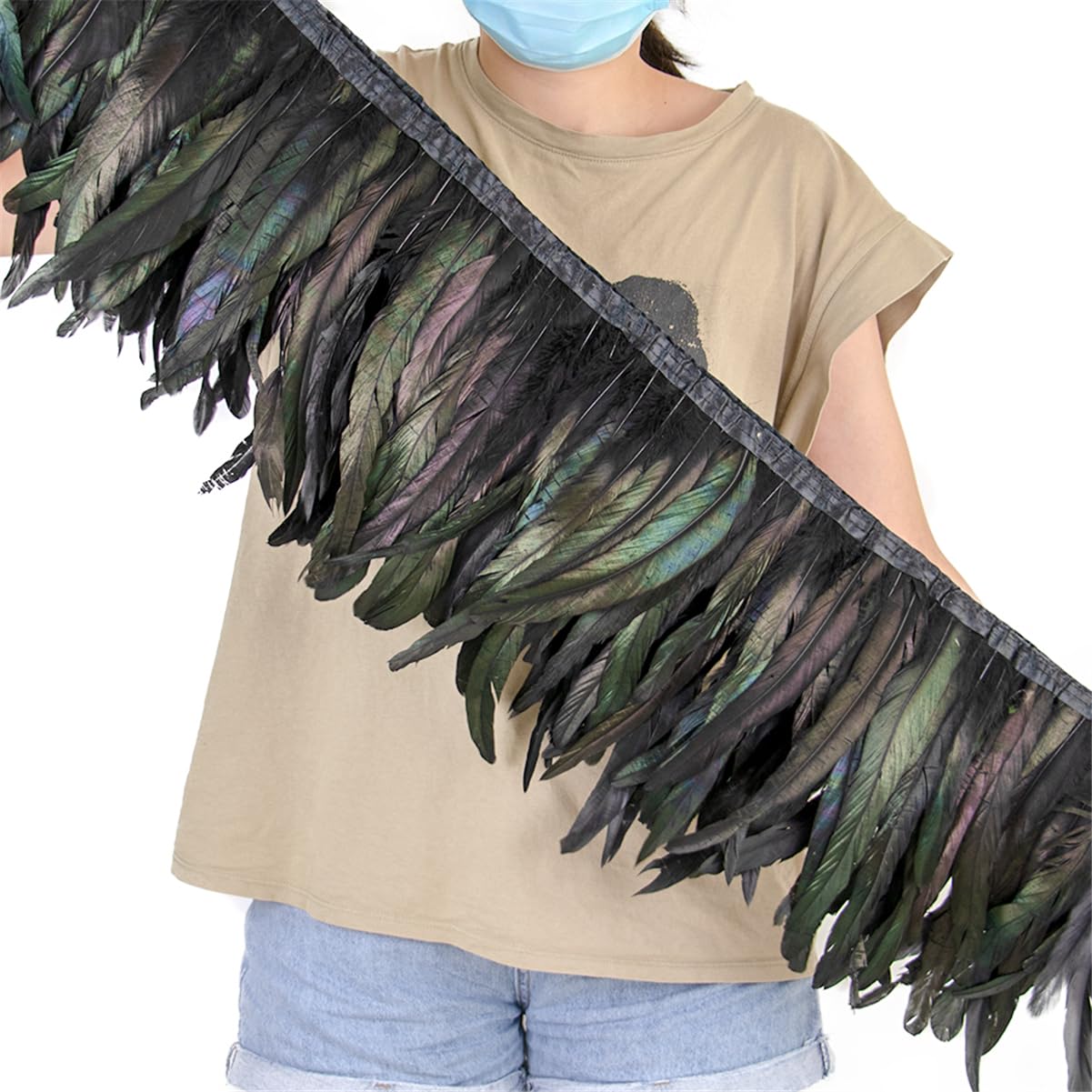 2 Metros Cinta Tira Plumas de Gallo Largas 25-30cm Colores Costura